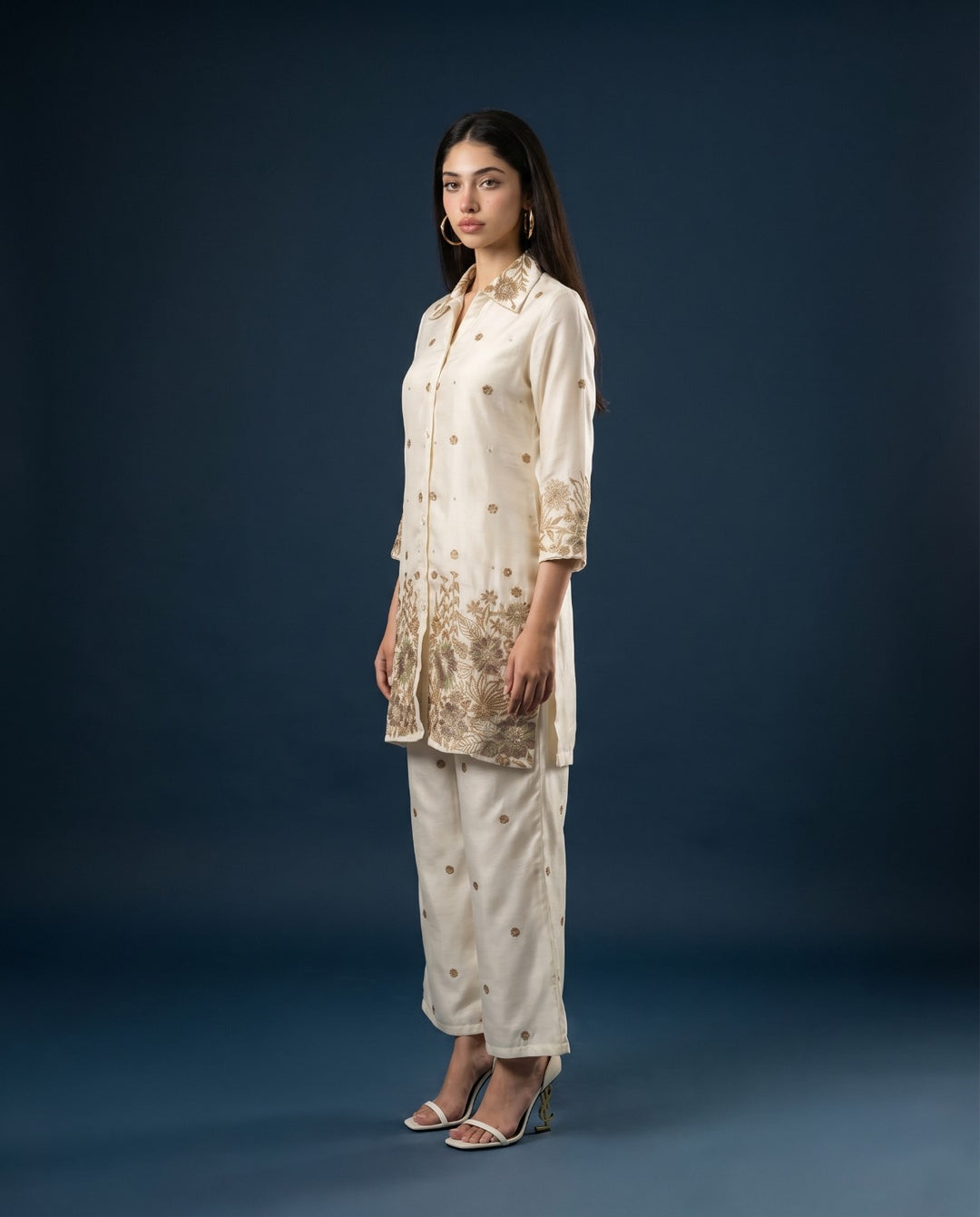 White Embroidered Viscose &amp; Silk Blended Co-Ord Set