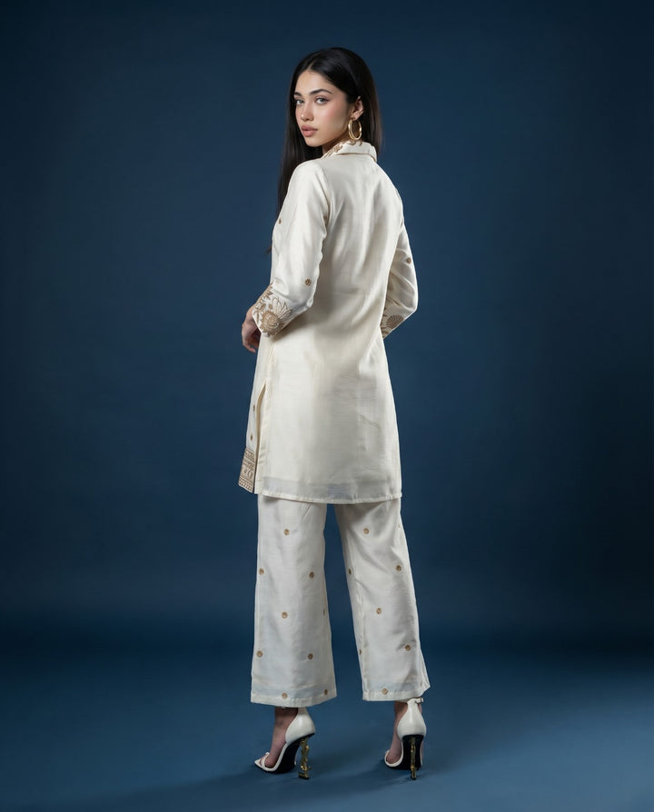 White Embroidered Viscose &amp; Silk Blended Co-Ord Set