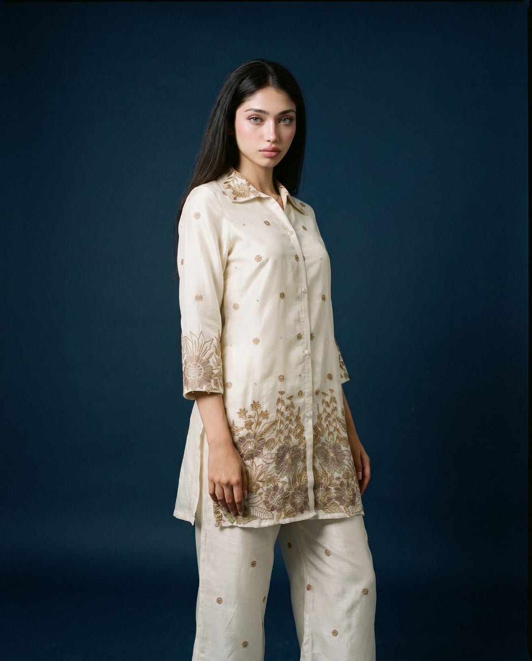 White Embroidered Viscose &amp; Silk Blended Co-Ord Set