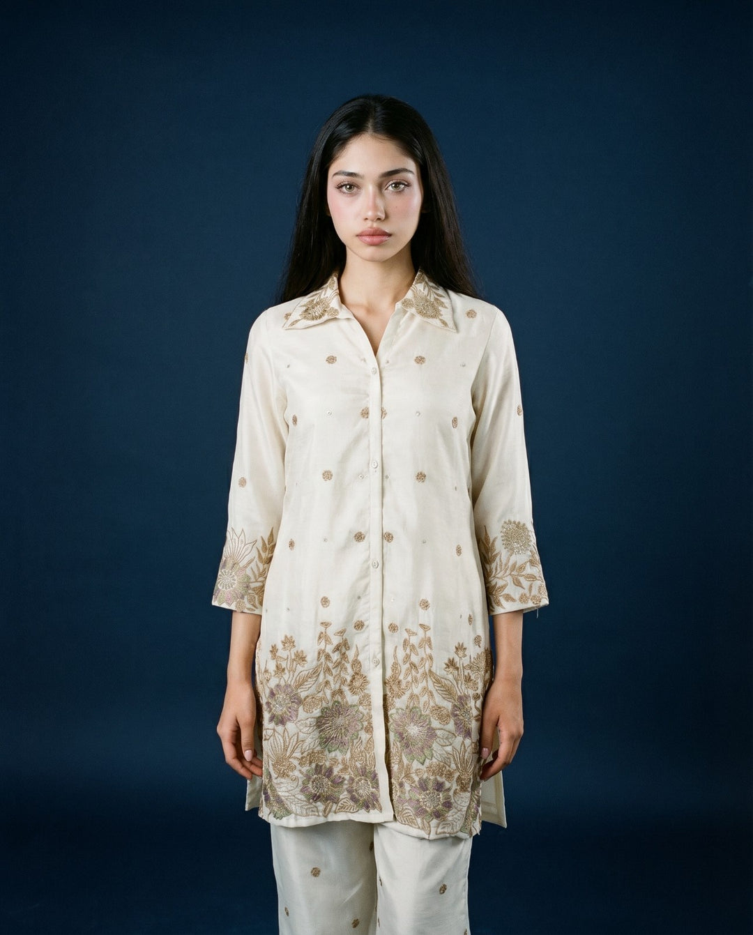 White Embroidered Viscose &amp; Silk Blended Co-Ord Set