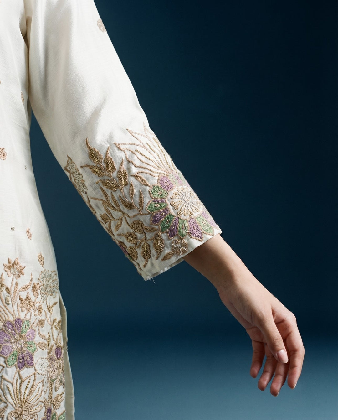 White Embroidered Viscose &amp; Silk Blended Co-Ord Set