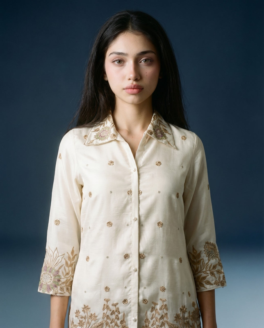 White Embroidered Viscose &amp; Silk Blended Co-Ord Set