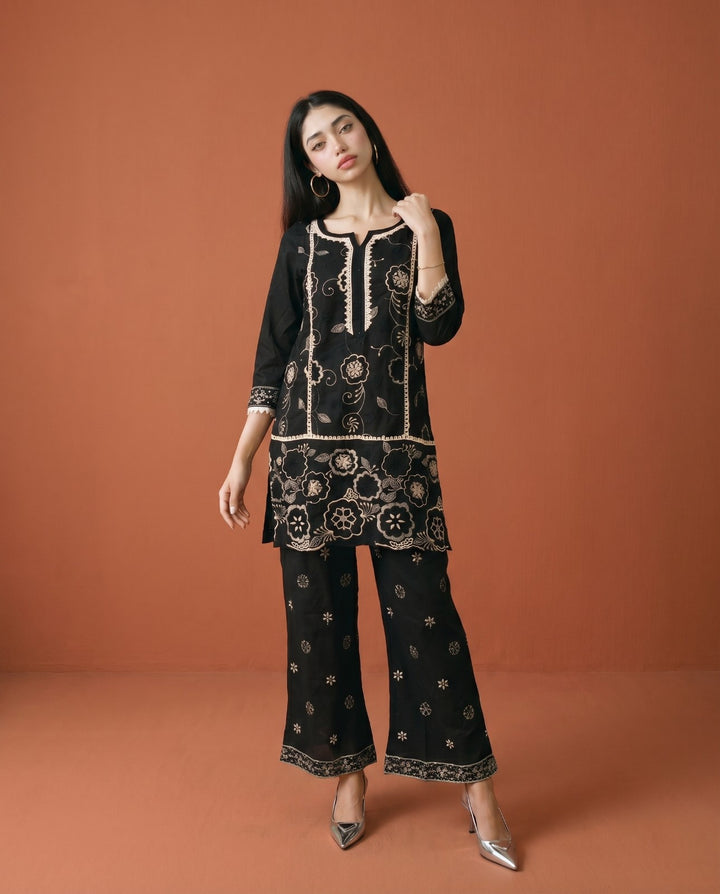 Black Embroidered Viscose Blended Co-Ord Set