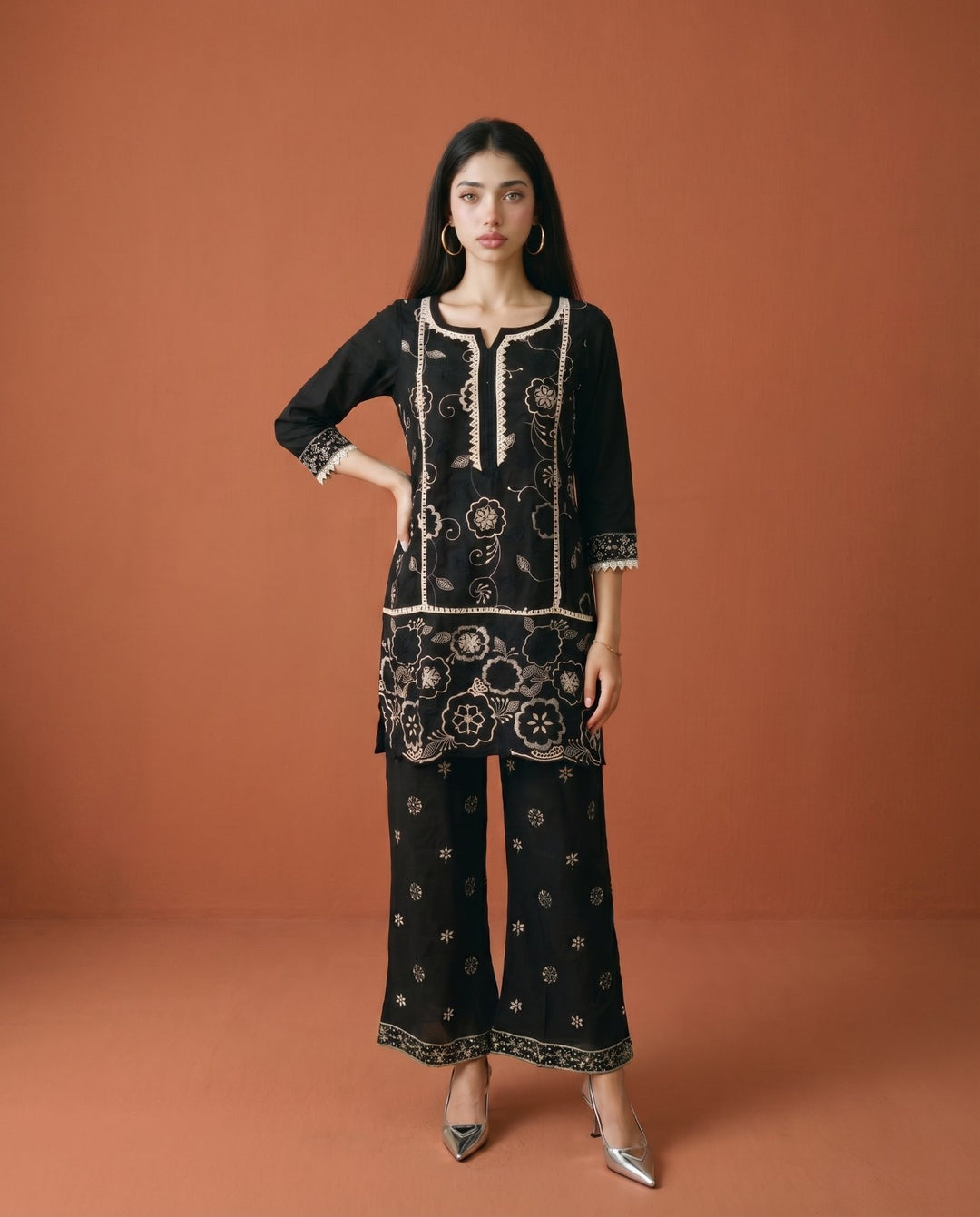Black Embroidered Viscose Blended Co-Ord Set