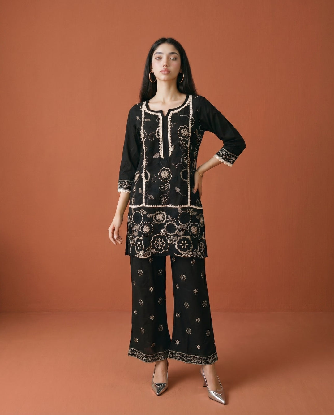 Black Embroidered Viscose Blended Co-Ord Set
