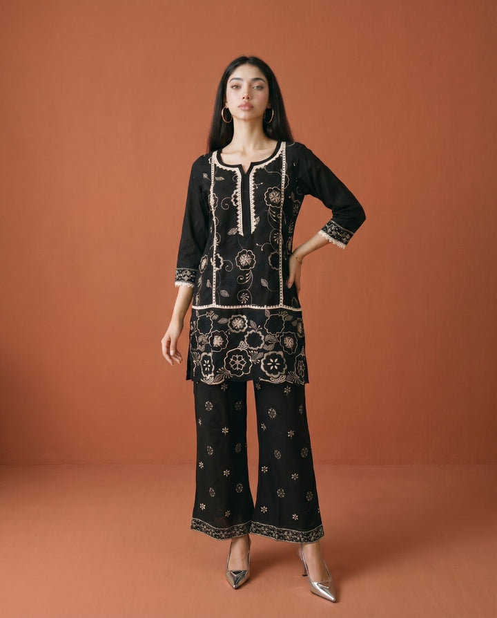 Black Embroidered Viscose Blended Co-Ord Set