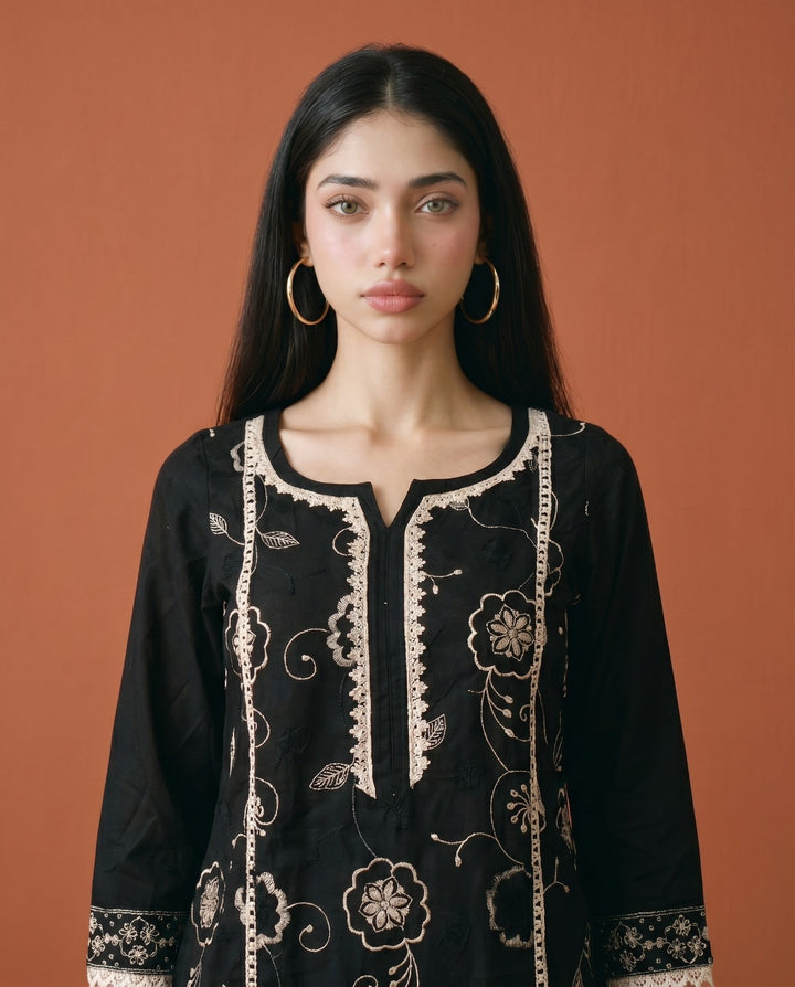 Black Embroidered Viscose Blended Co-Ord Set
