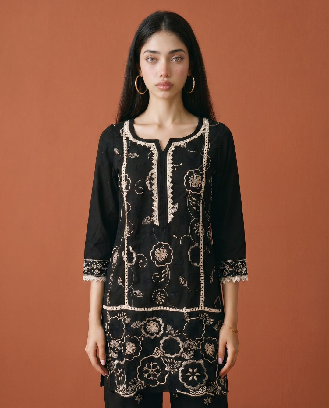 Black Embroidered Viscose Blended Co-Ord Set