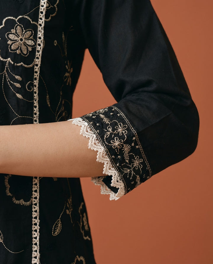 Black Embroidered Viscose Blended Co-Ord Set