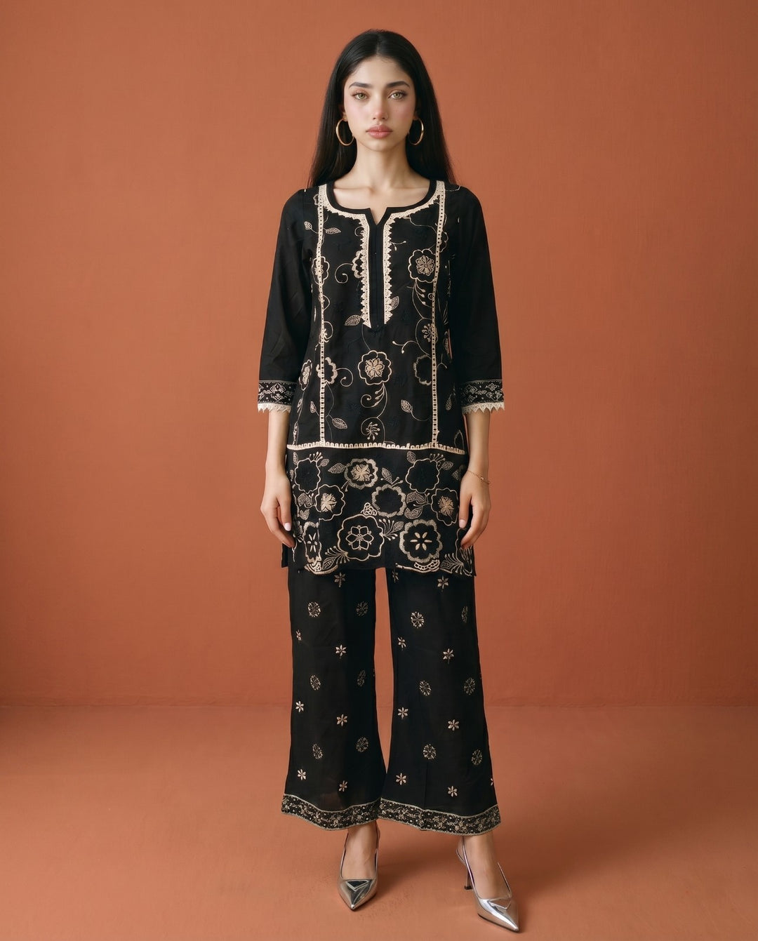 Black Embroidered Viscose Blended Co-Ord Set