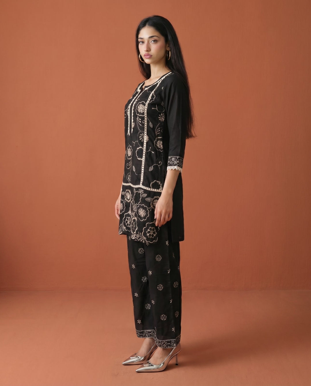 Black Embroidered Viscose Blended Co-Ord Set