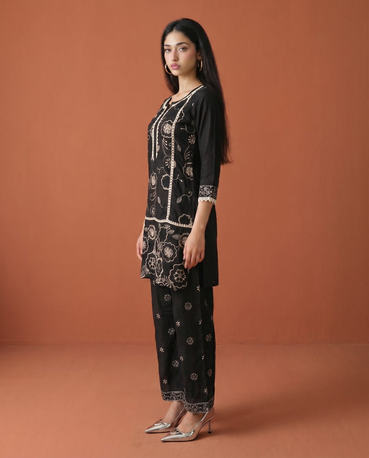 Black Embroidered Viscose Blended Co-Ord Set