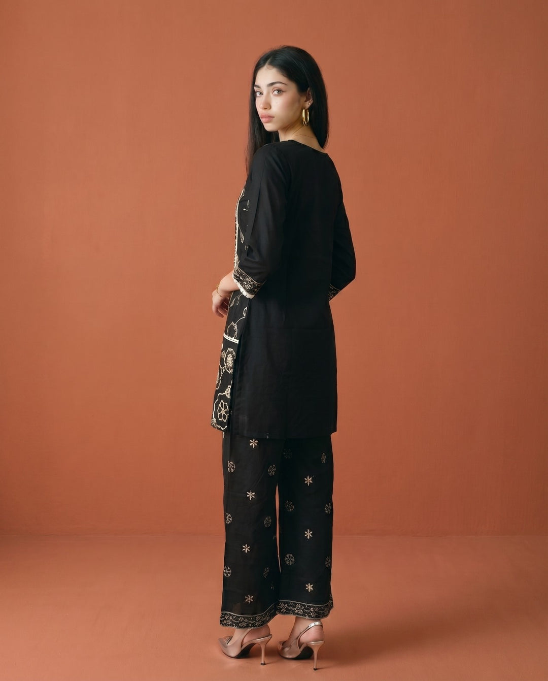 Black Embroidered Viscose Blended Co-Ord Set