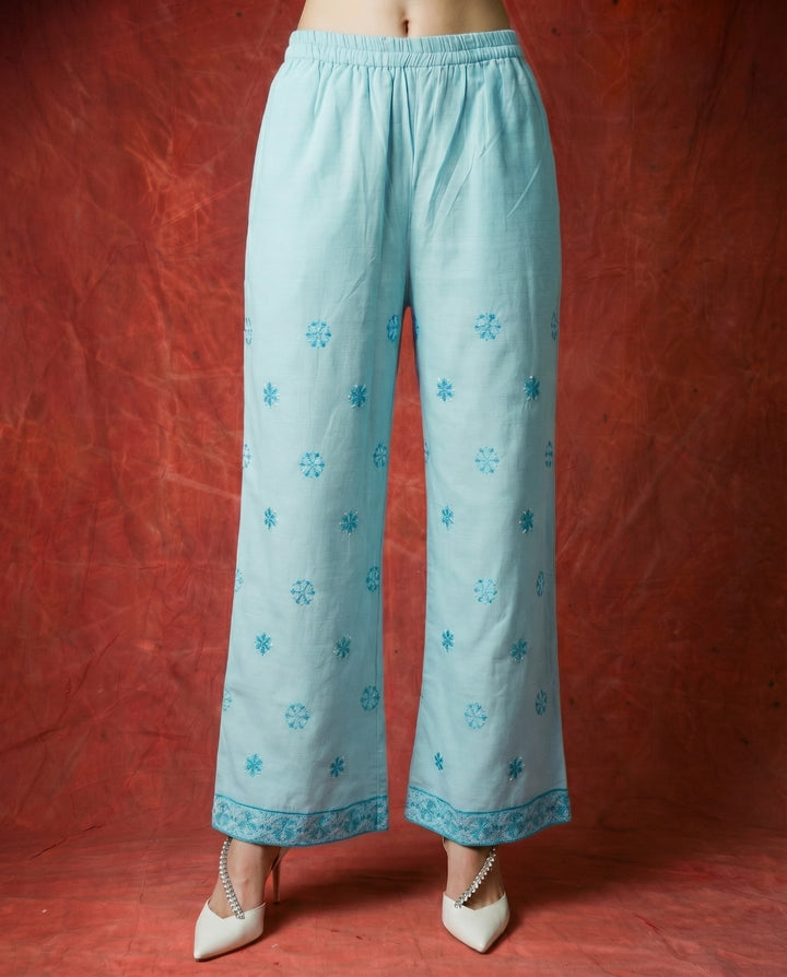 Blue Embroidered Viscose Blended Co-Ord Set