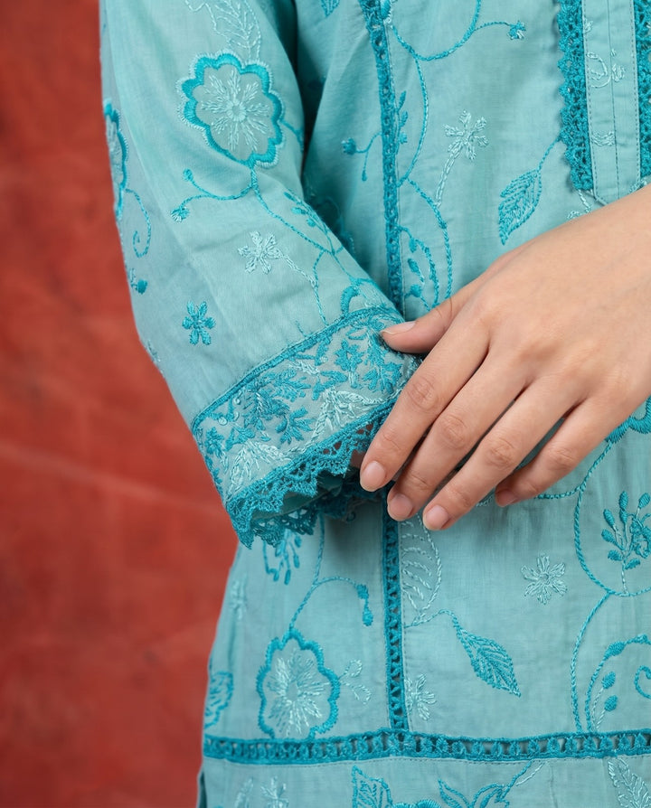 Blue Embroidered Viscose Blended Co-Ord Set