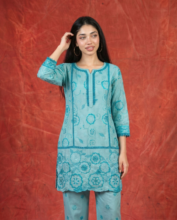Blue Embroidered Viscose Blended Co-Ord Set