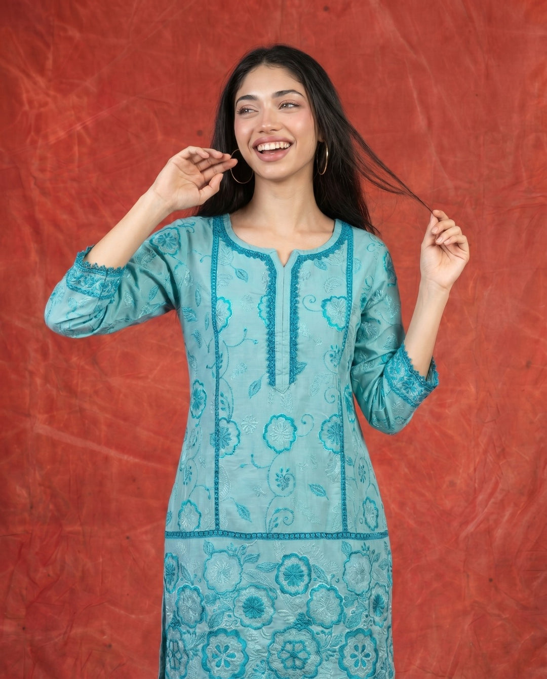 Blue Embroidered Viscose Blended Co-Ord Set