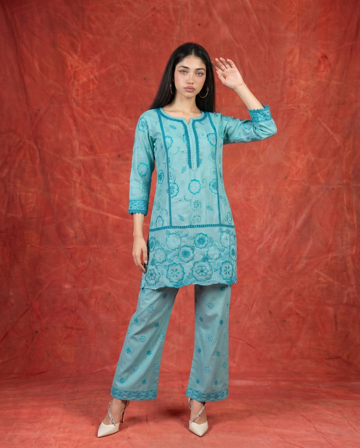 Blue Embroidered Viscose Blended Co-Ord Set