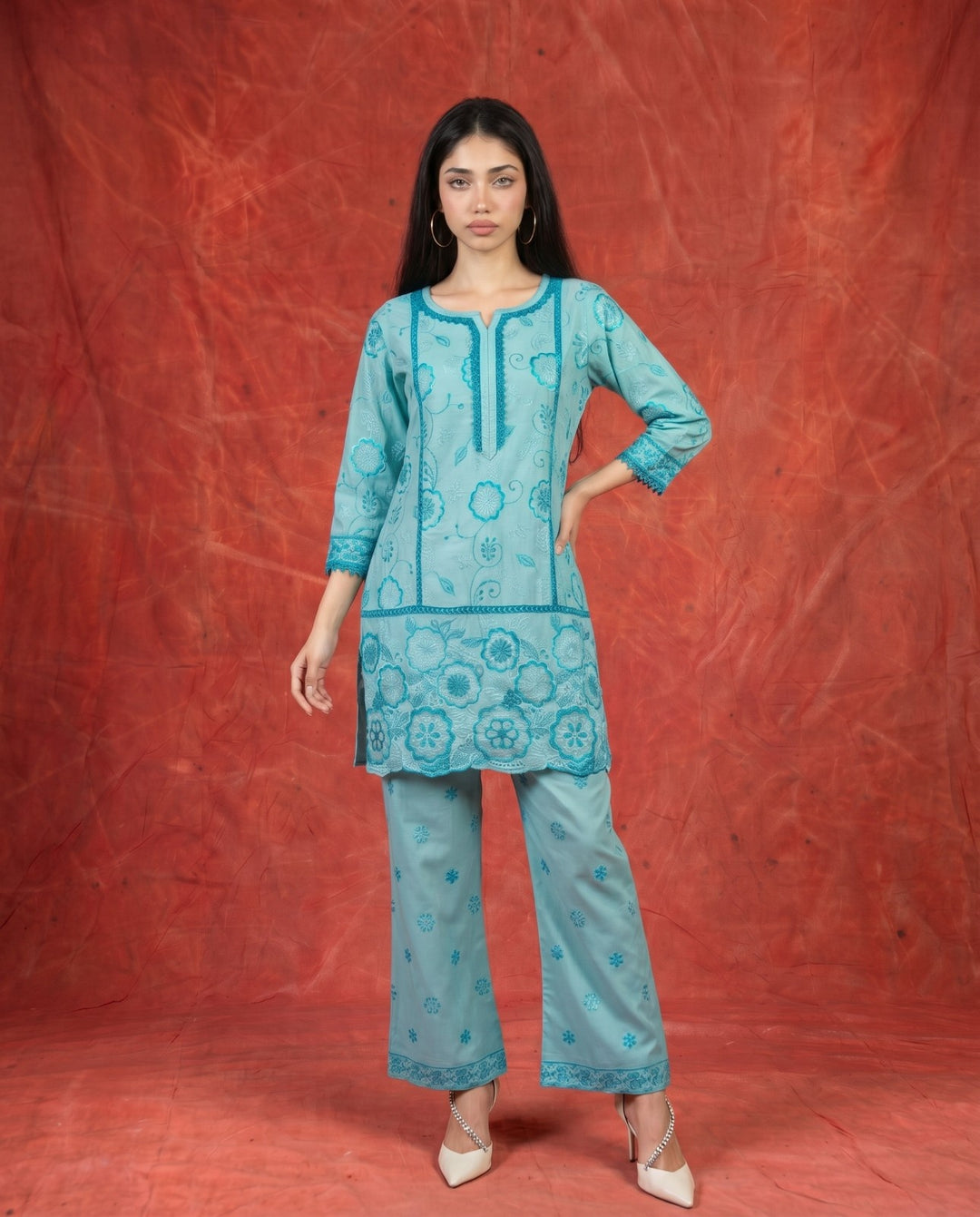 Blue Embroidered Viscose Blended Co-Ord Set