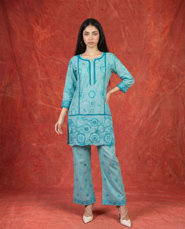 Blue Embroidered Viscose Blended Co-Ord Set