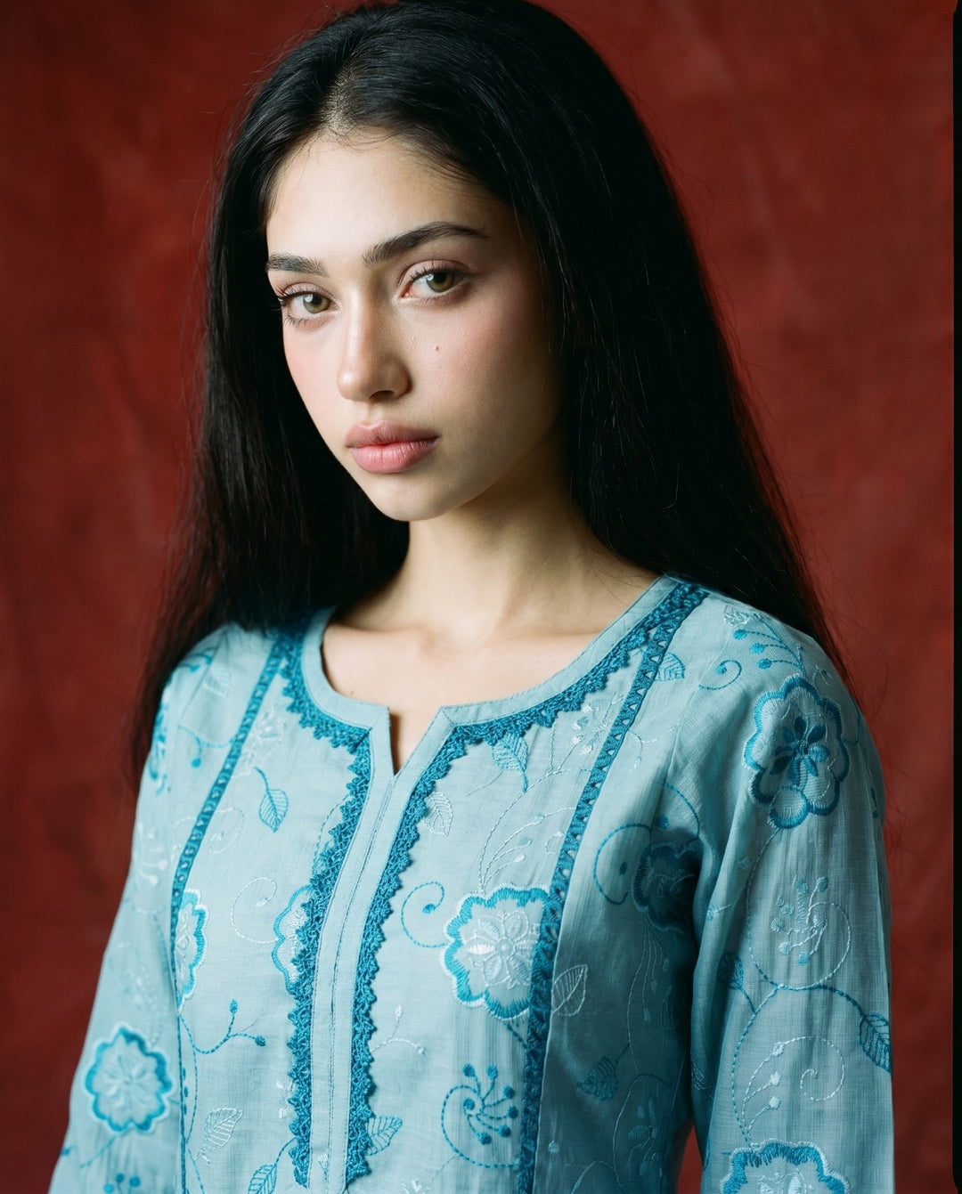 Blue Embroidered Viscose Blended Co-Ord Set