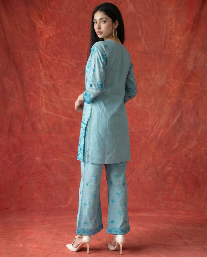 Blue Embroidered Viscose Blended Co-Ord Set