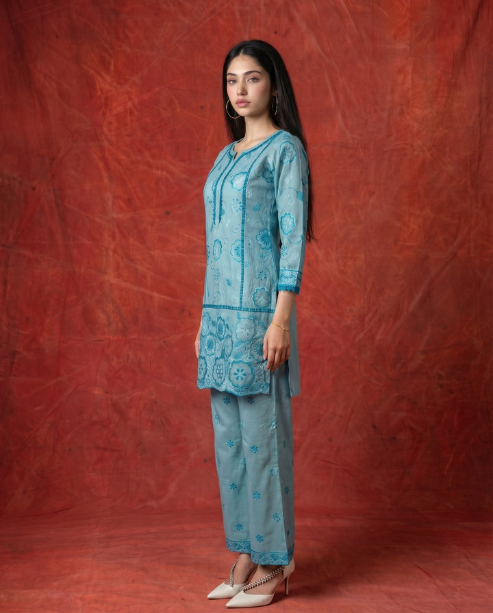 Blue Embroidered Viscose Blended Co-Ord Set