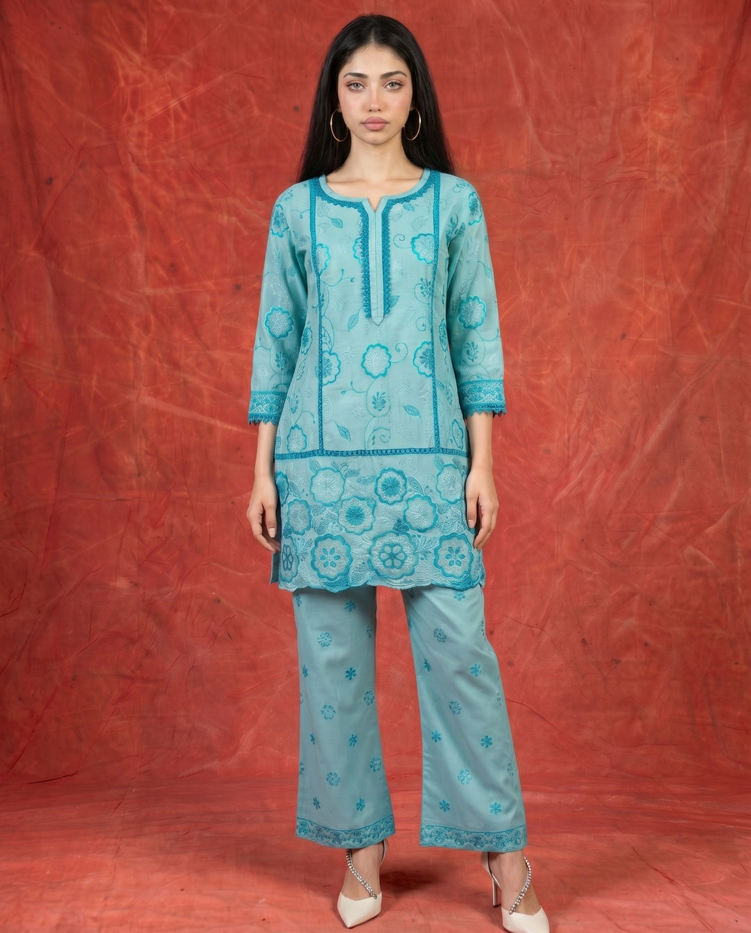 Blue Embroidered Viscose Blended Co-Ord Set
