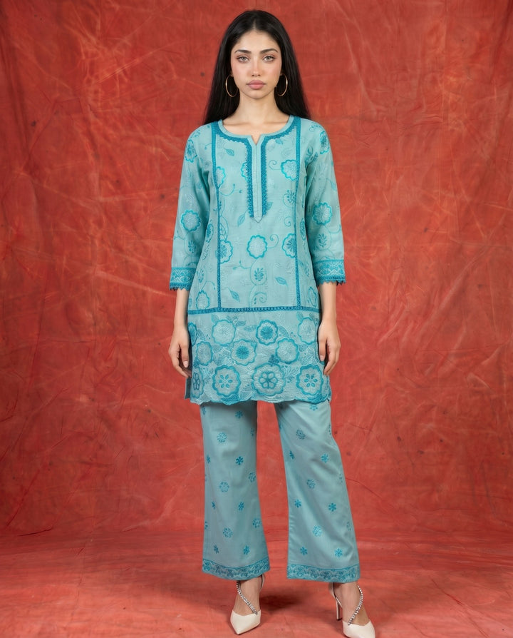 Blue Embroidered Viscose Blended Co-Ord Set