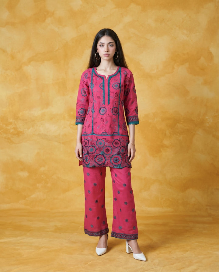Magenta Embroidered Viscose Blended Co-Ord Set