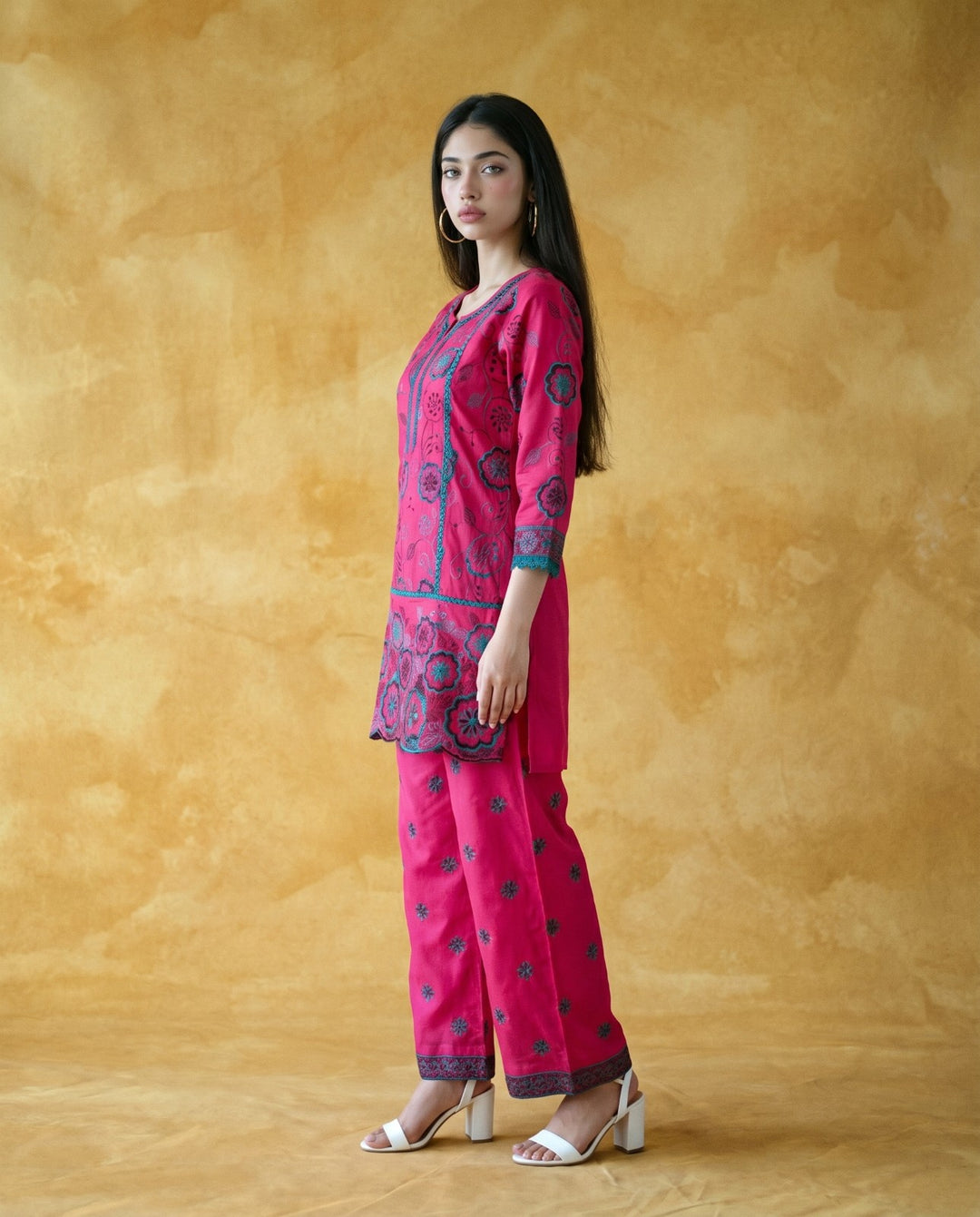 Magenta Embroidered Viscose Blended Co-Ord Set