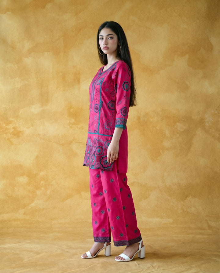 Magenta Embroidered Viscose Blended Co-Ord Set
