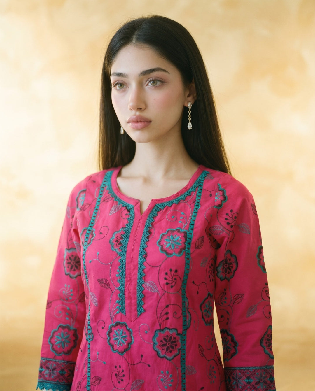 Magenta Embroidered Viscose Blended Co-Ord Set