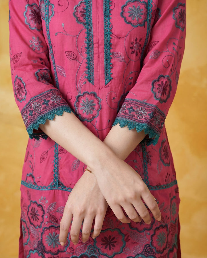 Magenta Embroidered Viscose Blended Co-Ord Set