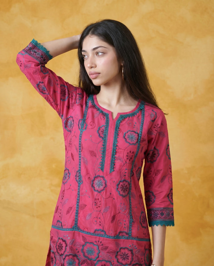 Magenta Embroidered Viscose Blended Co-Ord Set