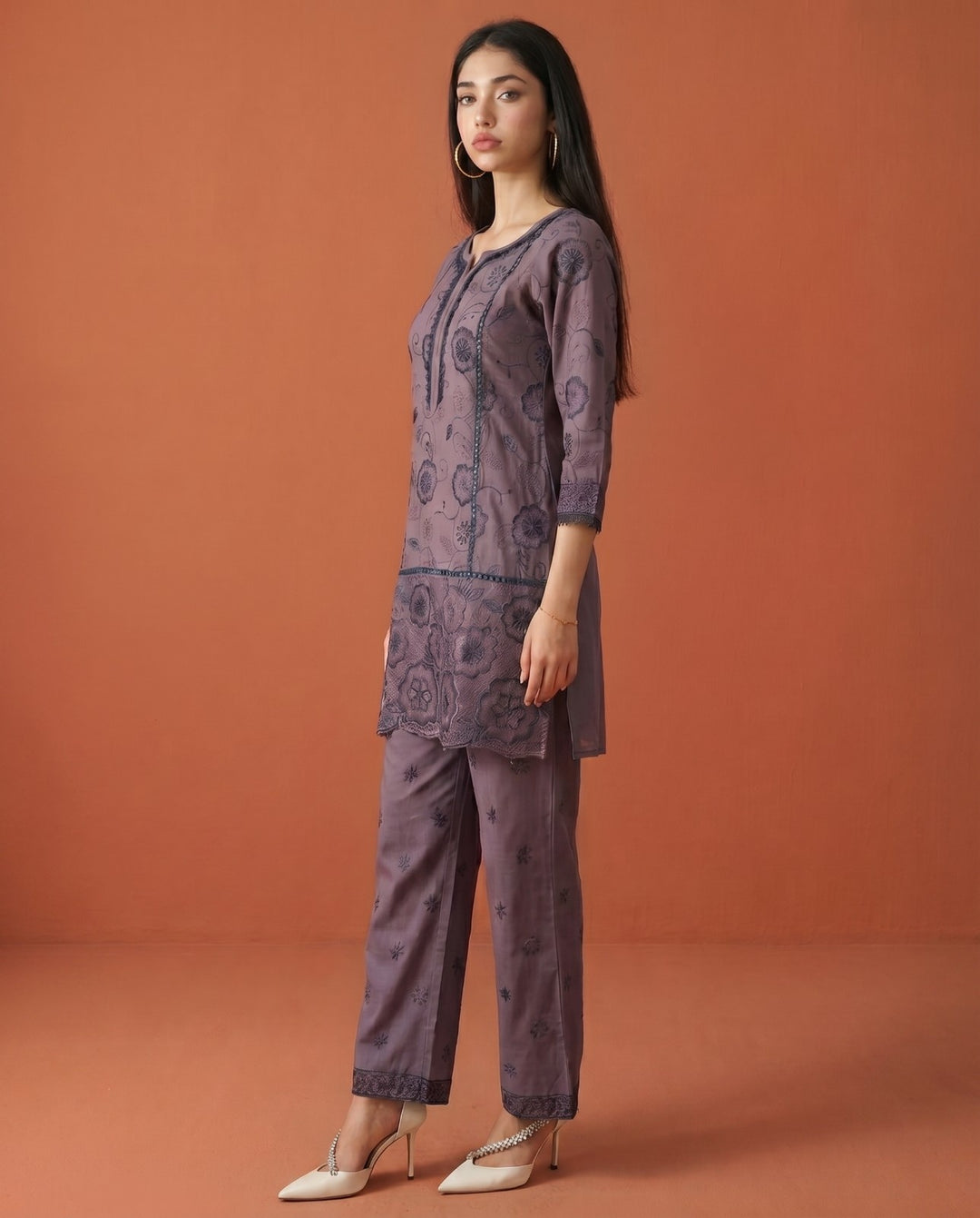 Purple Embroidered Viscose Blended Co-Ord Set