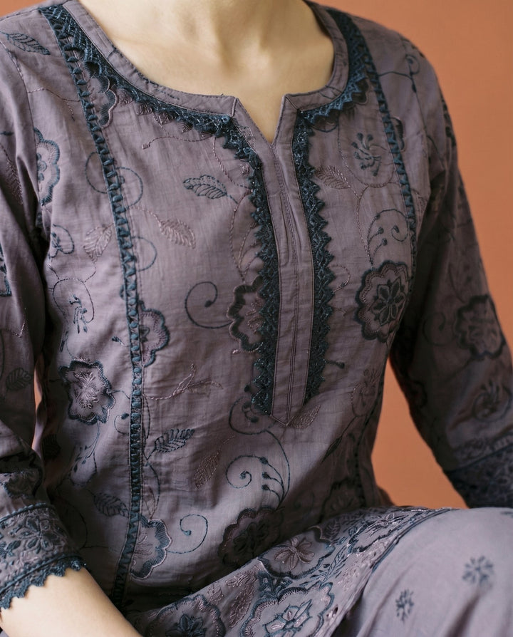 Purple Embroidered Viscose Blended Co-Ord Set