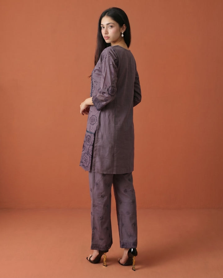 Purple Embroidered Viscose Blended Co-Ord Set
