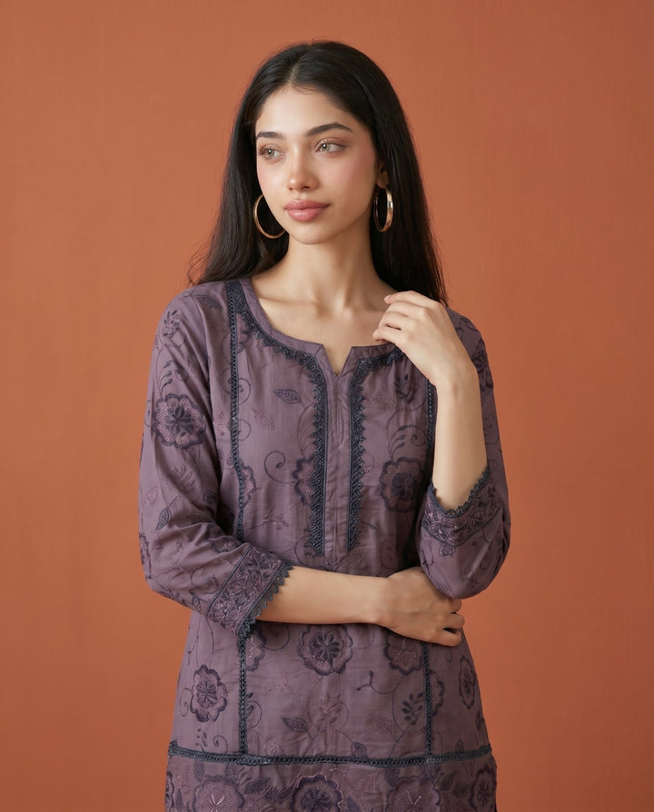 Purple Embroidered Viscose Blended Co-Ord Set