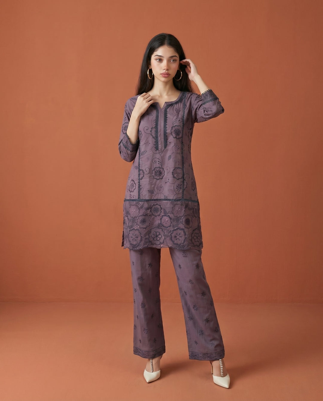 Purple Embroidered Viscose Blended Co-Ord Set
