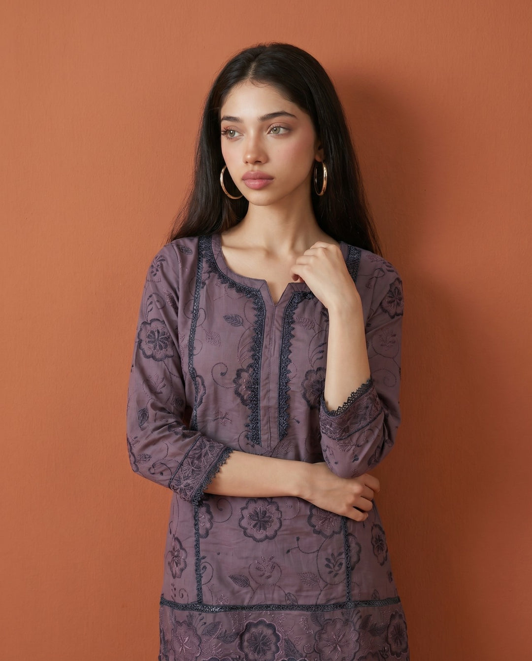 Purple Embroidered Viscose Blended Co-Ord Set