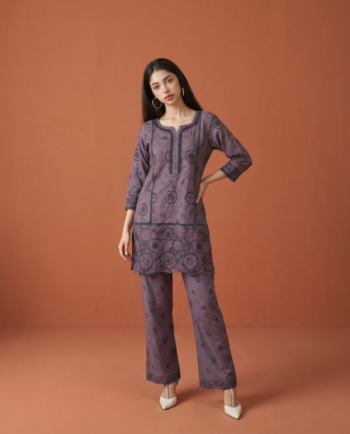 Purple Embroidered Viscose Blended Co-Ord Set