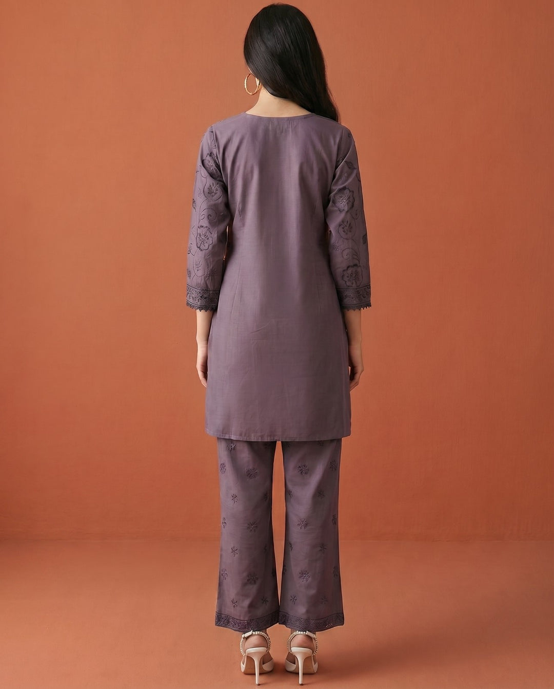 Purple Embroidered Viscose Blended Co-Ord Set