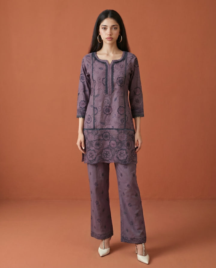 Purple Embroidered Viscose Blended Co-Ord Set