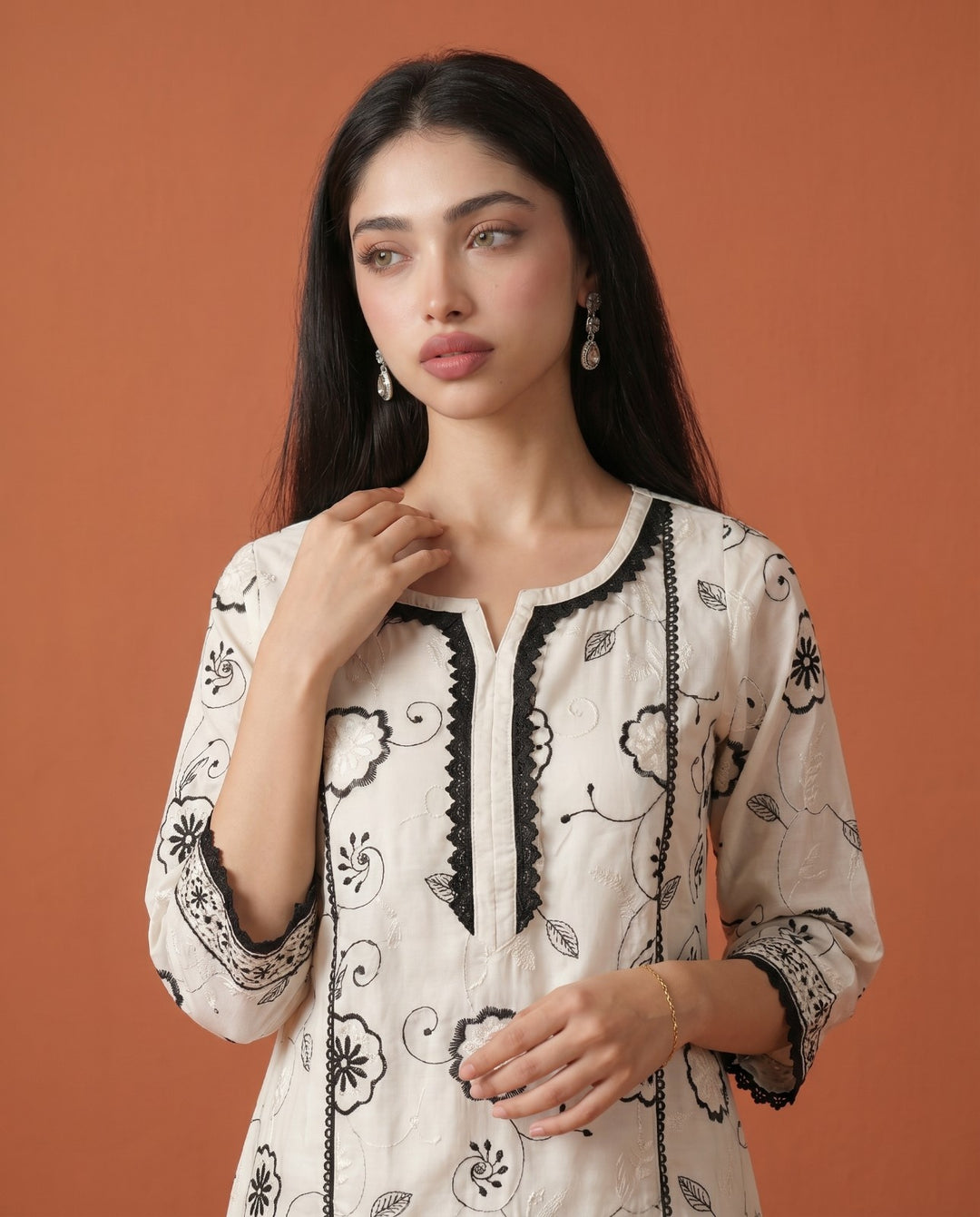 White Embroidered Viscose Blended Co-Ord Set