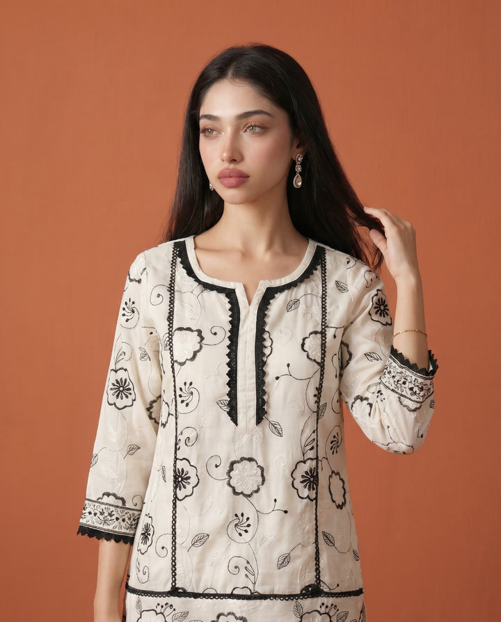 White Embroidered Viscose Blended Co-Ord Set