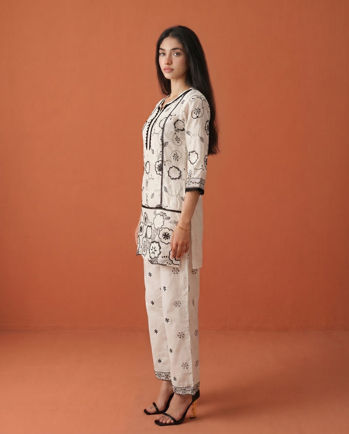White Embroidered Viscose Blended Co-Ord Set