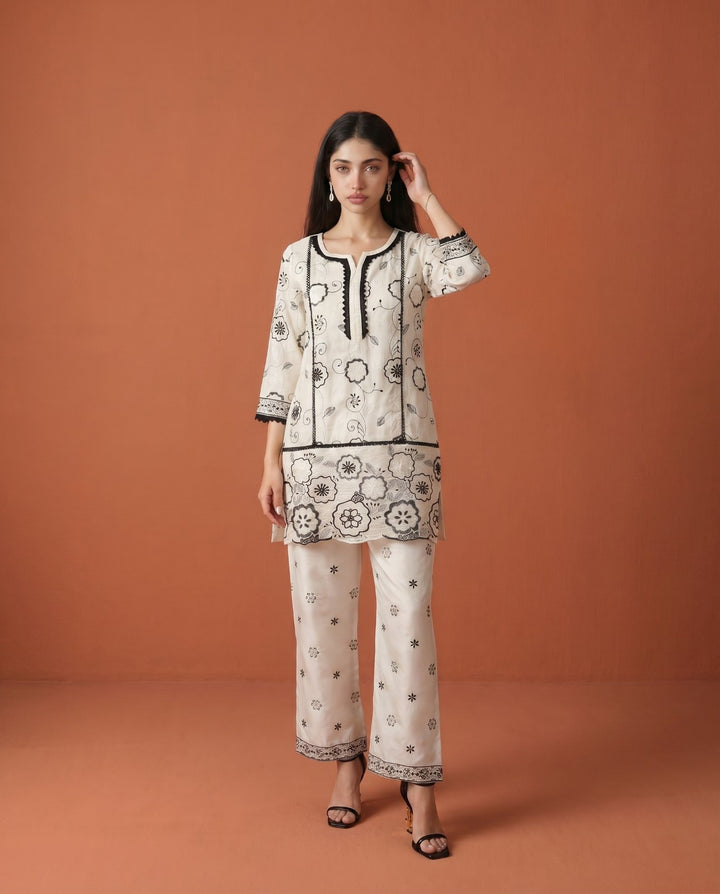 White Embroidered Viscose Blended Co-Ord Set