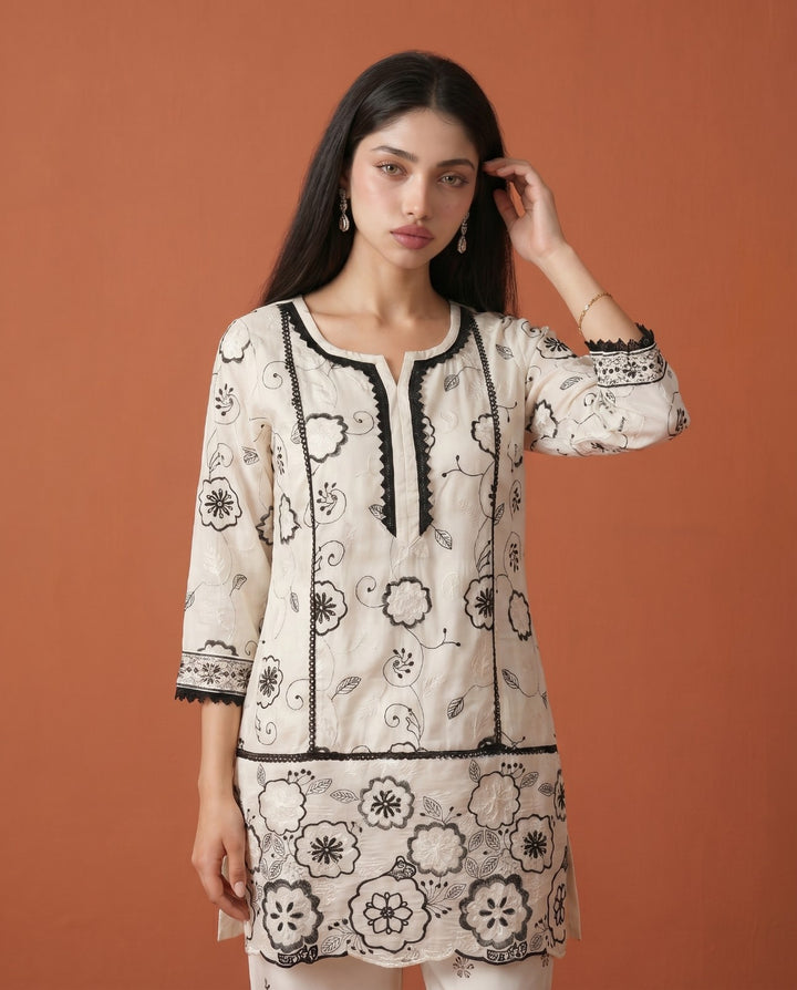 White Embroidered Viscose Blended Co-Ord Set