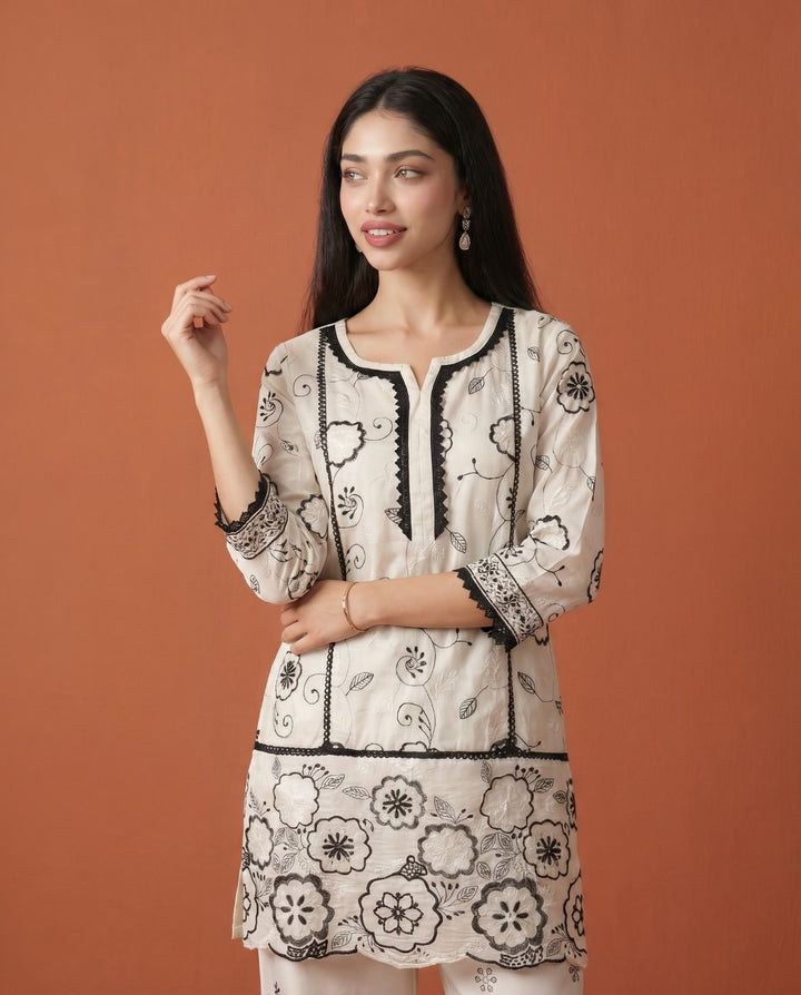 White Embroidered Viscose Blended Co-Ord Set